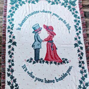 VTG "Where You Go" Couple Tapestry Throw Blanket 70x47 Cotton Embroidered Sofa